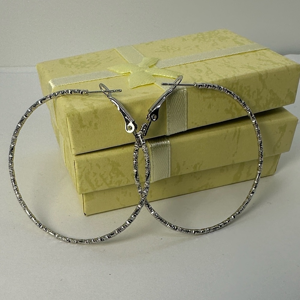 Elegant NWT Silver Tone Textured Hoop Earrings-2"|Chic & Lightweight | Statement